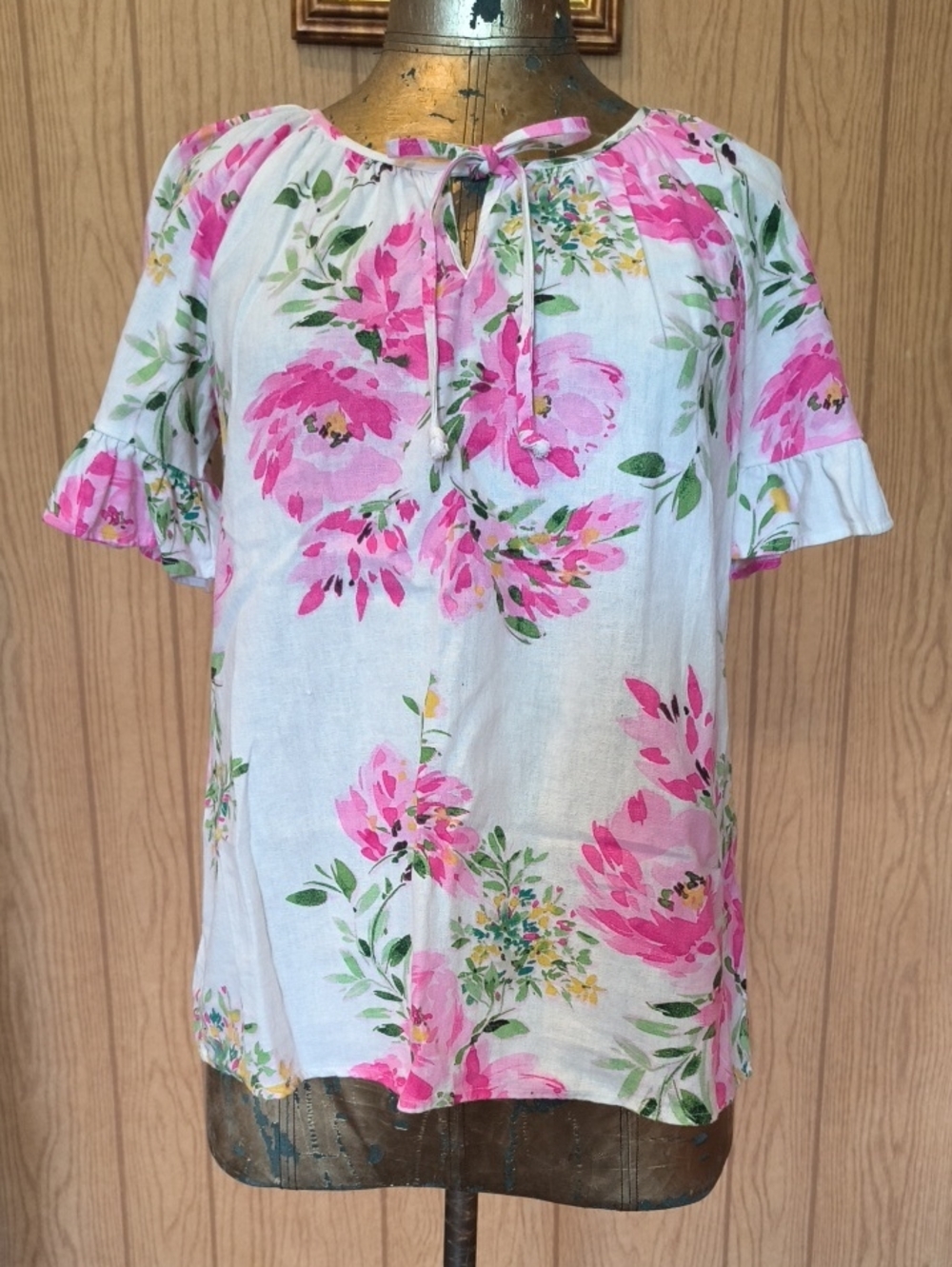 Chloe+Rene Linen Blend Floral Print Peasant Blouse Tie Detail in Pink and Green!